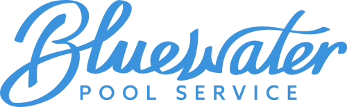 The image presents a logo with "Bluewater Pool Service" elegantly written in blue cursive, highlighting the essence of Bluewater's premium pool care.