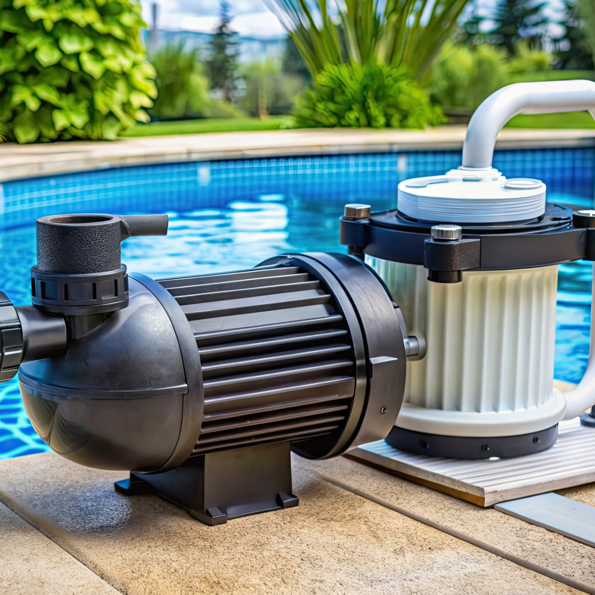 A pool pump and filter are placed on a pool deck, with a clear blue swimming pool and green plants in the background.