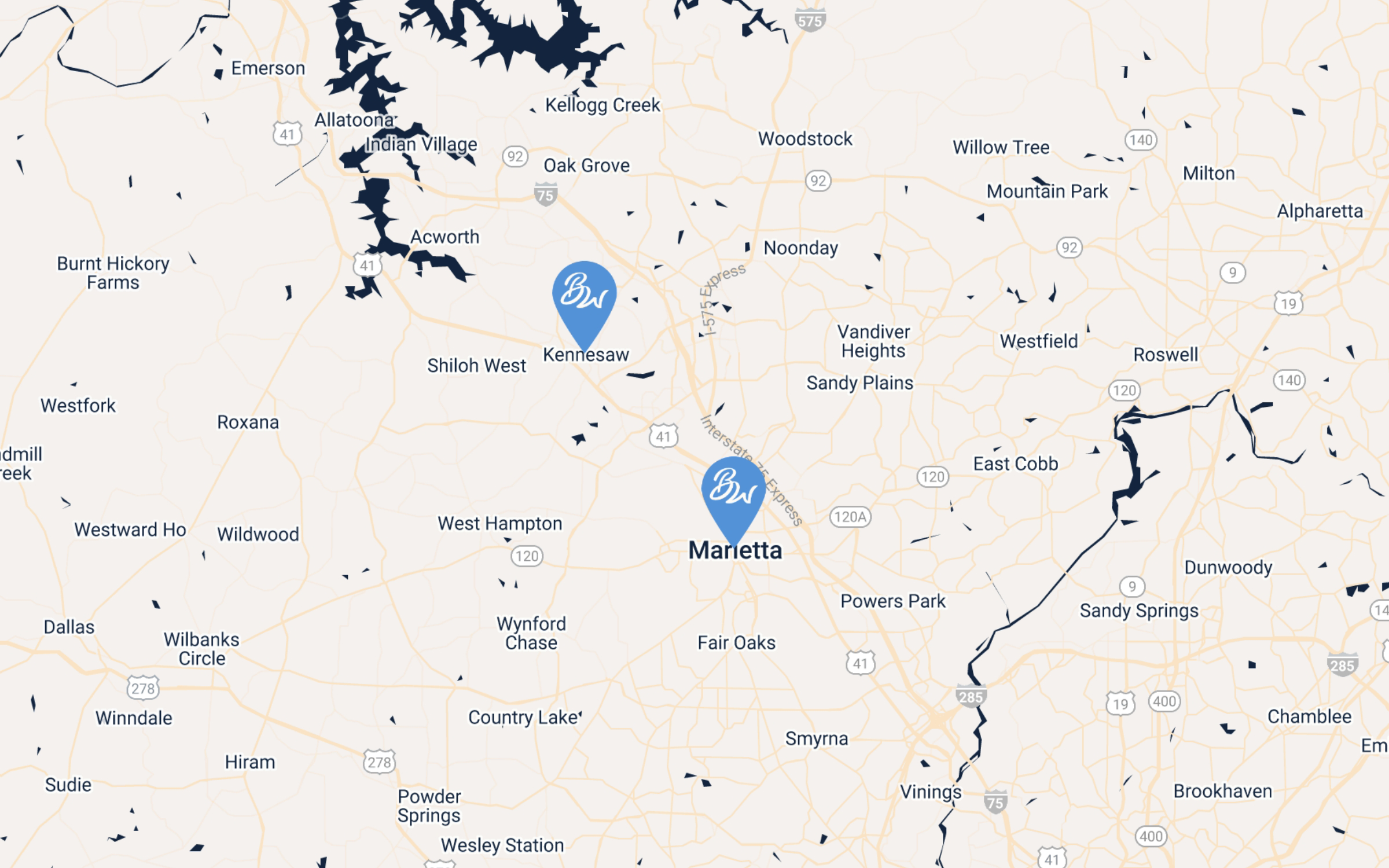 Map highlighting locations in Georgia, USA, featuring markers for Kennesaw and Marietta, the locations of Bluewater Pool Service.