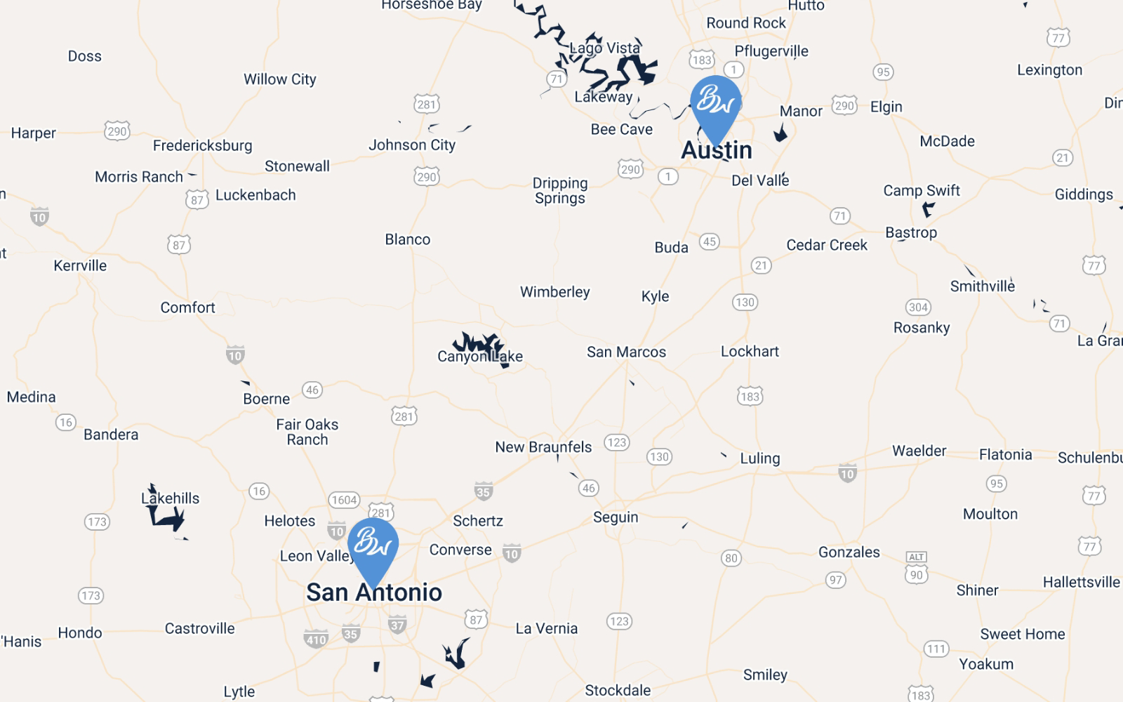 Map showing locations in central Texas, including Austin and San Antonio, with highlighted lakes and rivers—perfect for those curious about Bluewater Pool Service's area of operation.