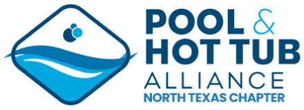 Logo for the Pool & Hot Tub Alliance, North Texas Chapter, featuring a blue wave and circles within a diamond shape.