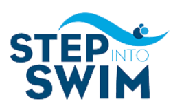 Logo with "Step Into Swim" text in dark blue. A stylized wave and swimmer icon is above the text.