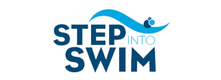 Logo with the words "Step Into Swim" in blue text, featuring a stylized wave and swimmer illustration above the text.