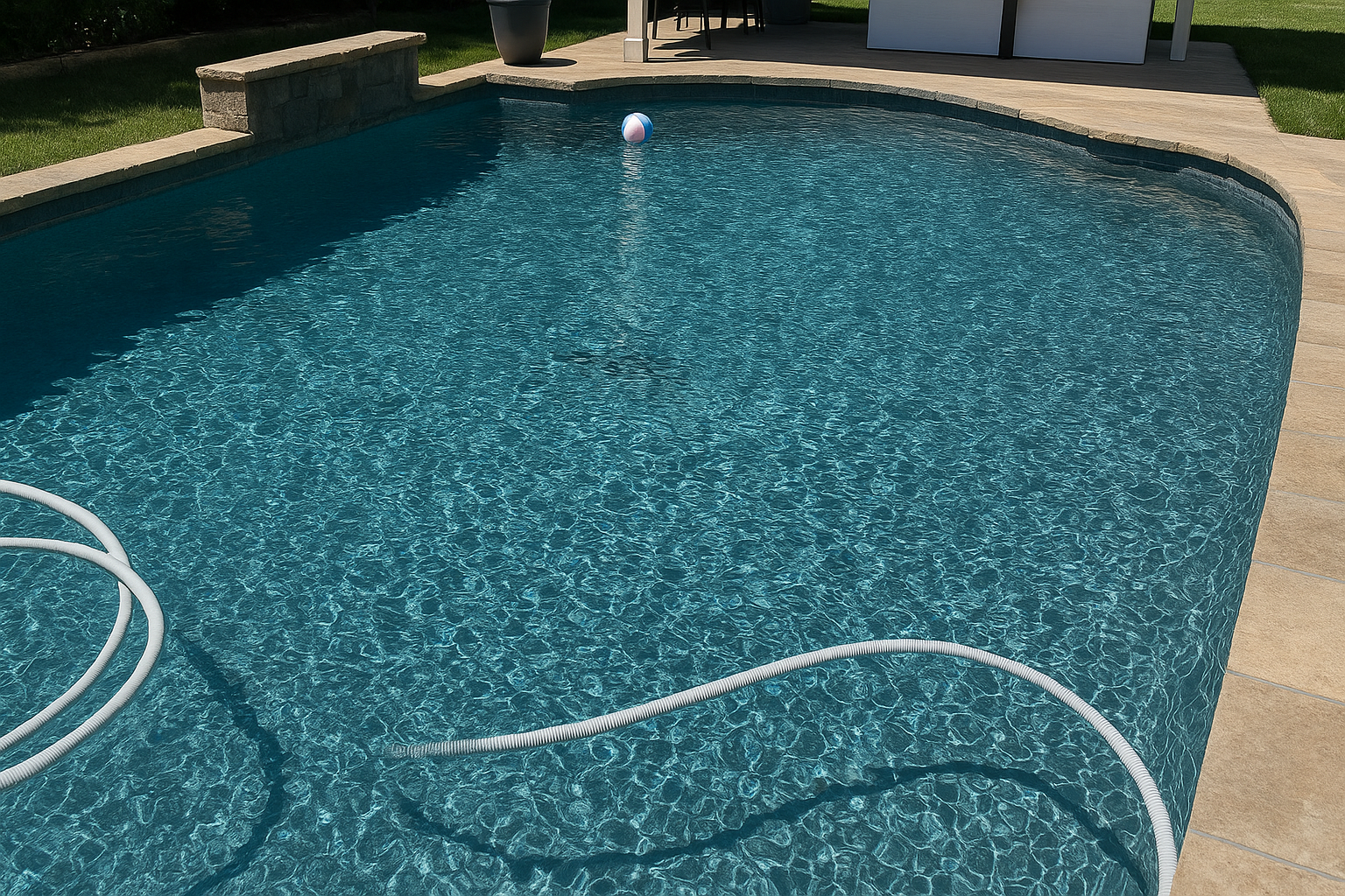 A high-resolution photo of a backyard stone pathway surrounded by trimmed green grass and a wooden fence, taken during daytime with no fallen leaves visible.