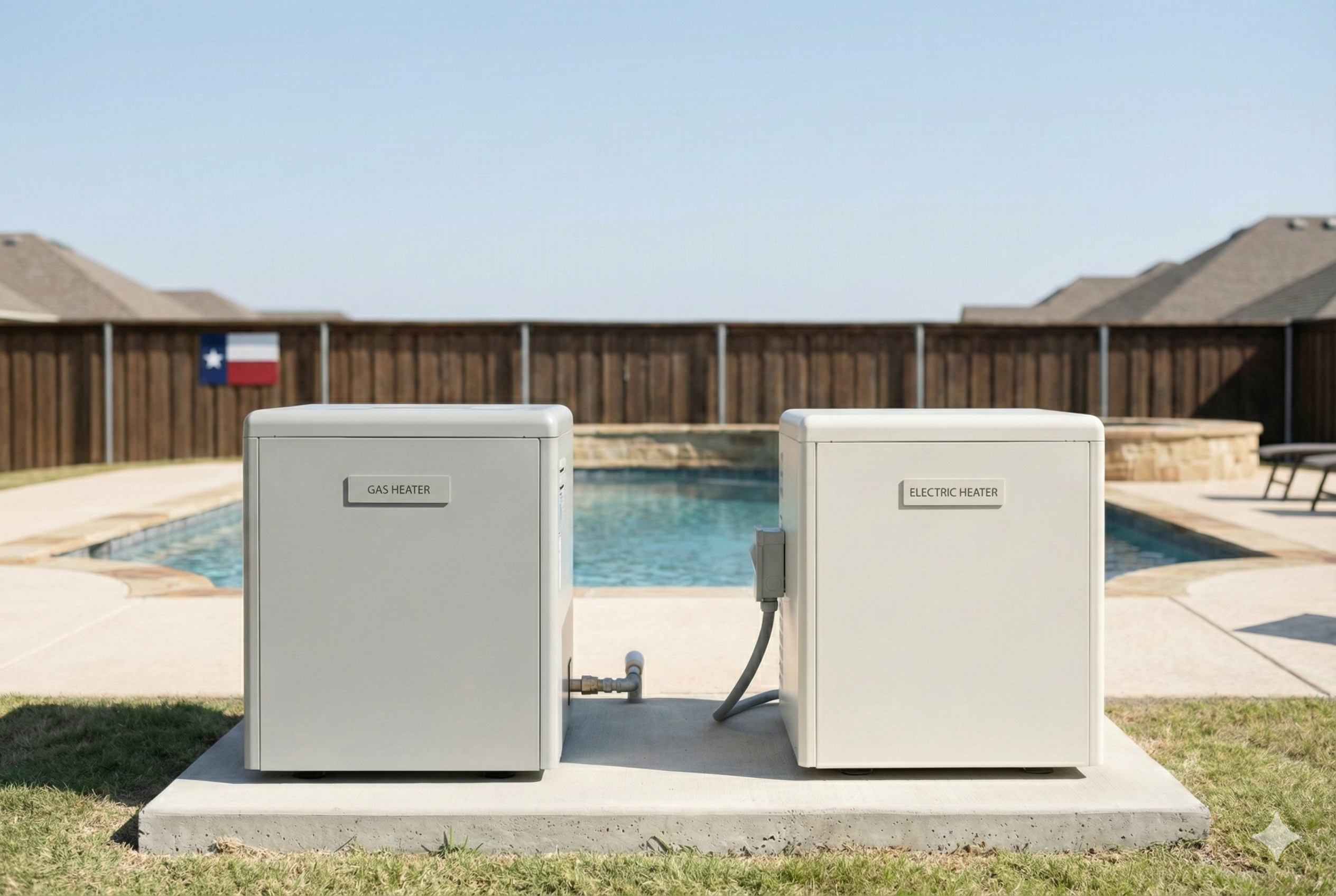 Side-by-side comparison of a gas pool heater and an electric heat pump next to a swimming pool in a Texas backyard, illustrating the best heating options for the local climate.
