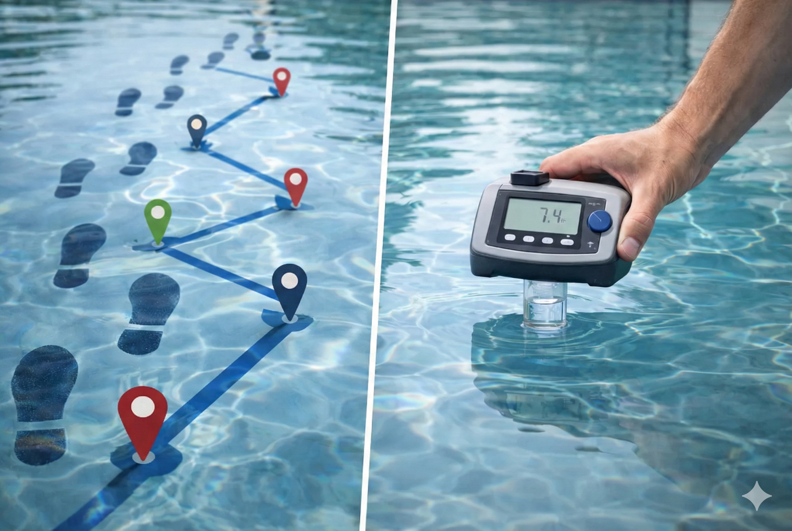 shows a graphic of footprints and a zig-zagging map route overlaid on a swimming pool. The right side shows a close-up of a hand dipping a digital water tester into a pool, with the screen displaying a reading of 7.4. Option 2 (Detailed - Best for context or visually impaired users): A composite image divided vertically into two panels featuring a swimming pool. Left Panel: A conceptual graphic showing shoe prints appearing to walk across the surface of the water. A blue line connects several red, green, and blue map location pins, suggesting a step-by-step path or process. Right Panel: A realistic photo of a person's hand holding a grey digital photometer device. A clear vial attached to the bottom of the device is submerged in the pool water to take a sample. The device's digital LCD screen displays the number "7.4," indicating a pH level reading.