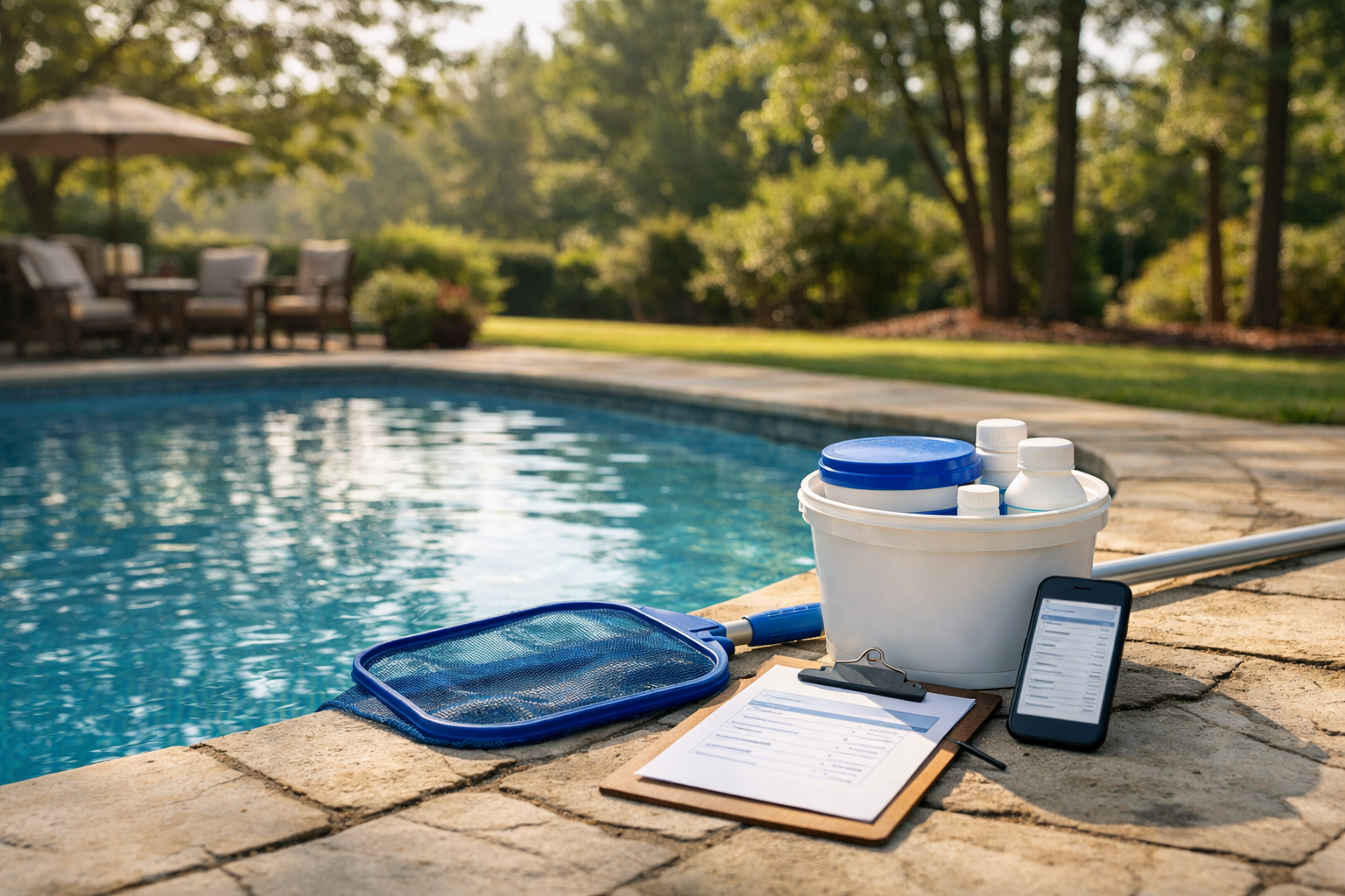Clean backyard swimming pool in Marietta, Georgia with a pool skimmer, bucket of pool chemicals, and a phone showing an invoice on the stone deck