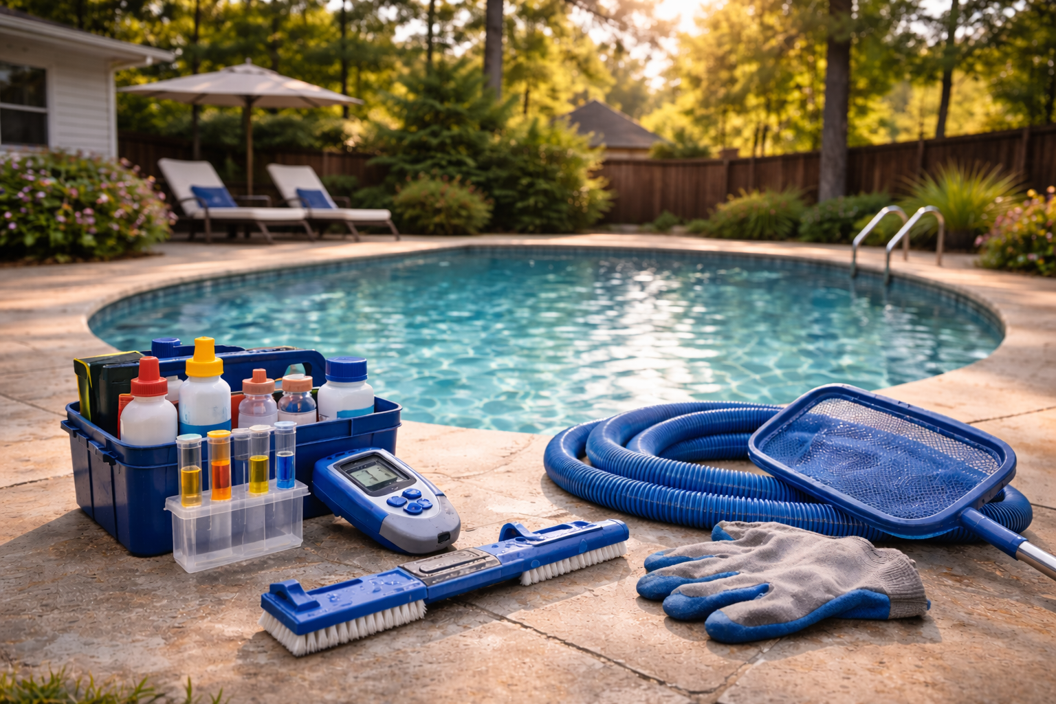 Professional pool cleaning equipment including a water test kit, brush, and skimmer net arranged on a stone patio next to a clear backyard swimming pool in Kennesaw, Georgia.